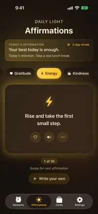 Sunvior Affirmations screen in dark mode showing the Energy category