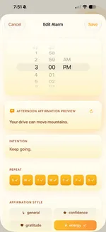 Sunvior Edit Alarm screen showing afternoon motivation settings