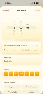 Sunvior Edit Alarm screen showing bedtime and night time settings
