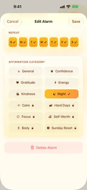 Sunvior alarm editor showing twelve affirmation categories, six of them Premium packs.