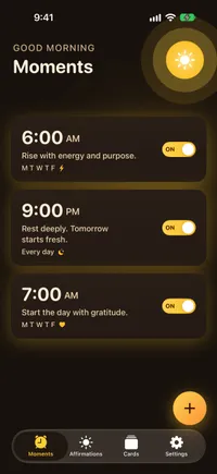 Sunvior Moments screen in dark mode with warm cocoa alarm cards