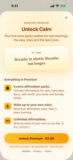 Sunvior Premium screen for the Calm pack, previewing “Breathe in slowly. Breathe out longer.”