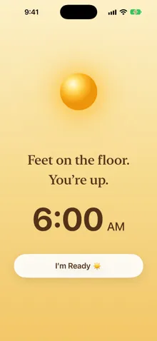 Sunvior alarm screen at sunrise showing the morning’s affirmation.
