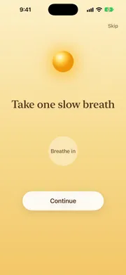 Sunvior morning ritual screen inviting you to take one slow breath with a breathing circle.