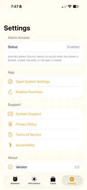 Sunvior settings showing AlarmKit integration status as enabled