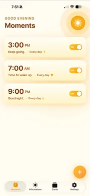 Sunvior Moments screen showing clean and modern design with spacious alarm cards and clear controls.