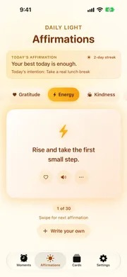 Sunvior Affirmations screen showing today’s affirmation, a 2-day streak, today’s intention, and the Energy category.