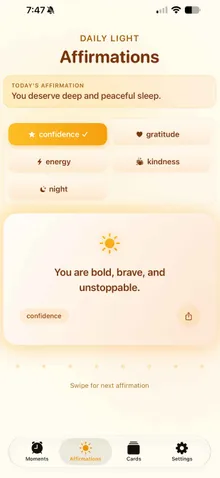 Sunvior Affirmations screen showing daily affirmation categories with native iOS navigation.
