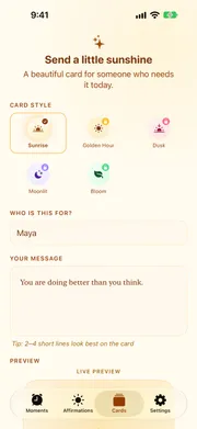 Sunvior Cards screen with a card for Maya reading “You are doing better than you think.”