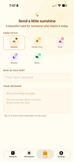 Sunvior Cards screen for sending a personalized sunshine card